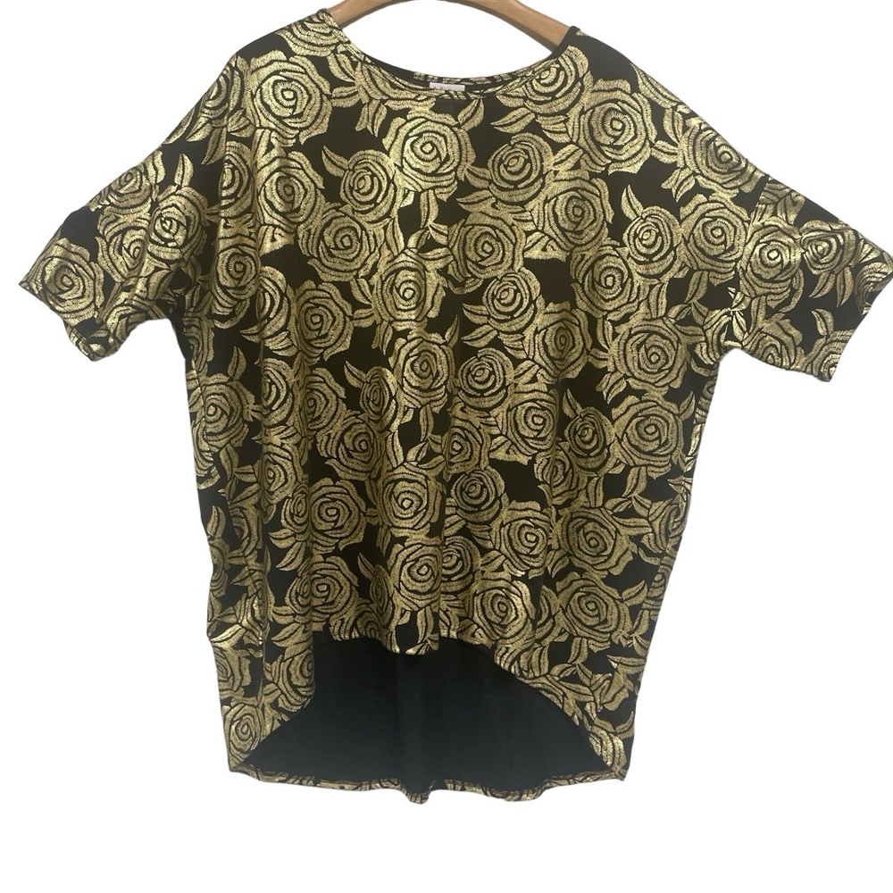 LuLaRoe Black Gold Metallic Floral Rose Print‎ High-Low Hem Elegant Shirt 3XL